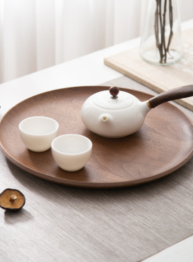 木质超大圆盘36cm黑胡桃木贴皮茶盘酒店水果摆盘家用端水盘子木盘