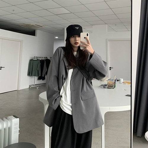韩版宽松灰色休闲西服西装外套