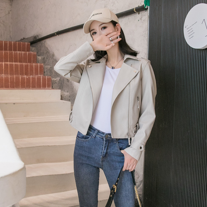 皮衣外套女春秋2021秋季v新款小个子米白色短款修身韩版机车皮夹