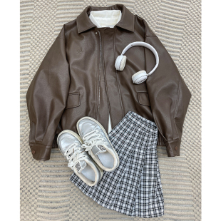 美拉德皮衣外套女酷飒风2026春秋新款 复古高级感机车 流行棕色美式