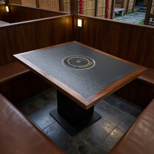 现代电磁炉火锅桌山海风实木包边商用餐厅桌子火烧石桌面