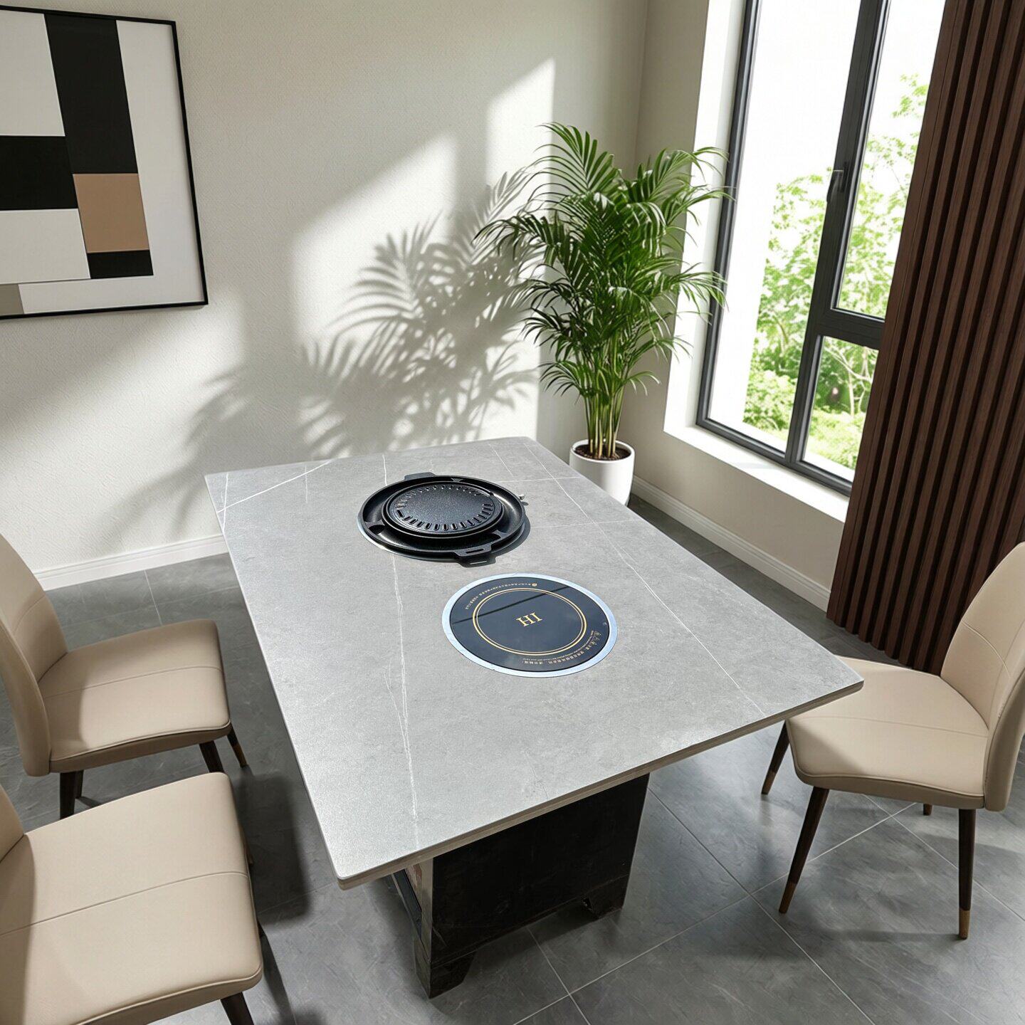 现代简约电磁炉火锅桌长方形家用多人餐桌一体式加热桌