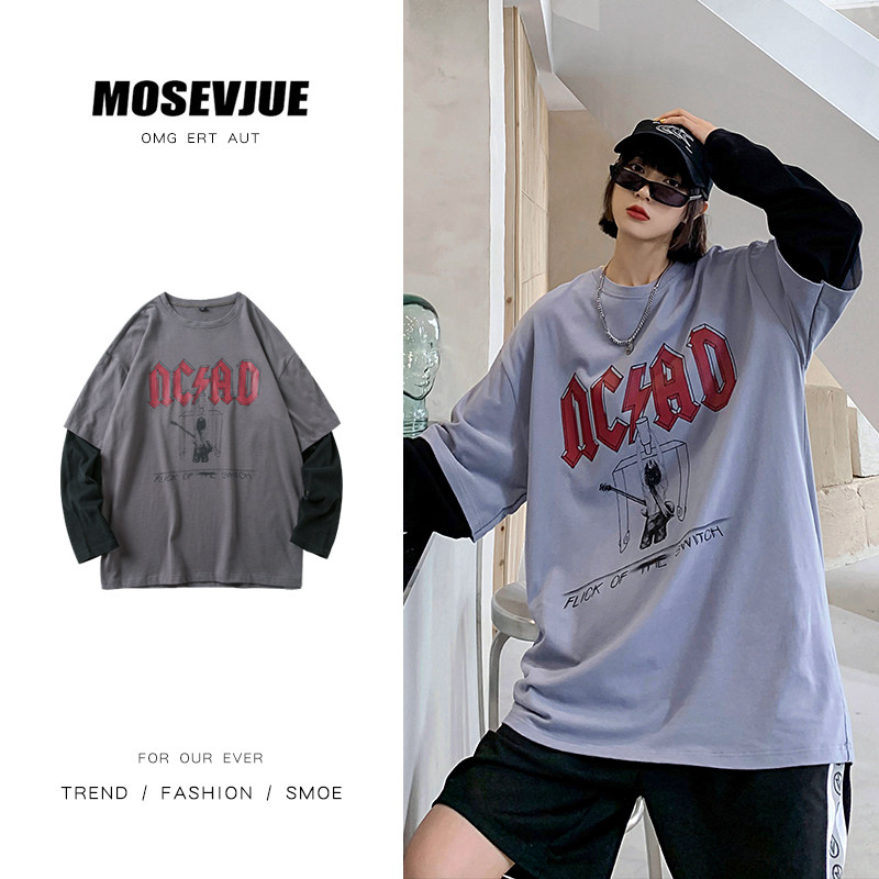 Fall new loose original night style hip hop fake two T-shirt lovers versatile top