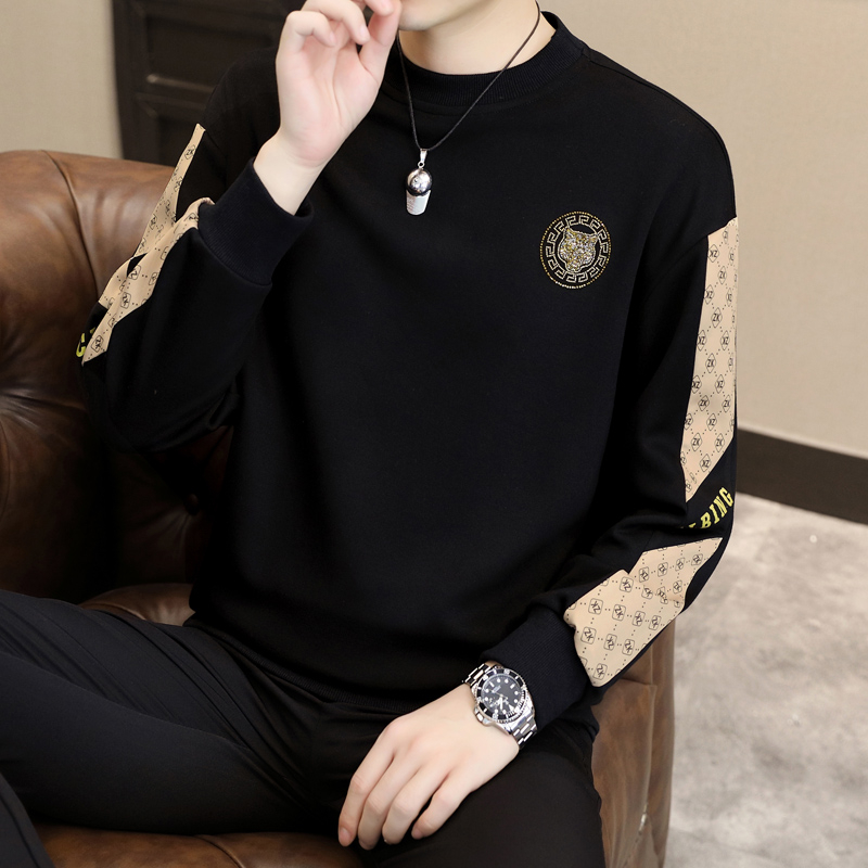 潮牌圆领卫衣男秋冬2025新款套头打底衫韩版潮流虎头烫金长袖体恤