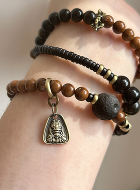 森汐玥天然库克金曜石手串新中式女生手链三圈小众银曜串珠