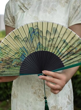 折扇古风女扇子千里江山中国风夏天随身携带竹扇汉服旗袍跳舞折叠