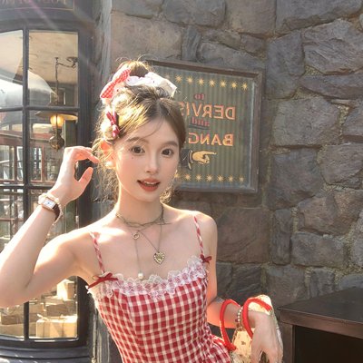 Acaine中长款红色格子吊带a字连衣裙女夏季法式甜美小个子裙子