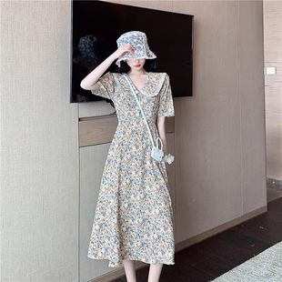 夏胖mm娃娃领碎花连衣裙海边度假长裙显瘦减龄高级感裙子 休闲女装