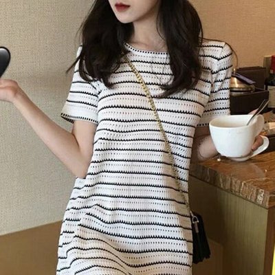冰丝连衣裙女小个子白色休闲宽松条纹显瘦显高直筒裙子 有现货