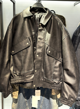 柜699！秋冬新品ZA男装宽松仿皮PU长袖拉链皮衣夹克外套 3715411