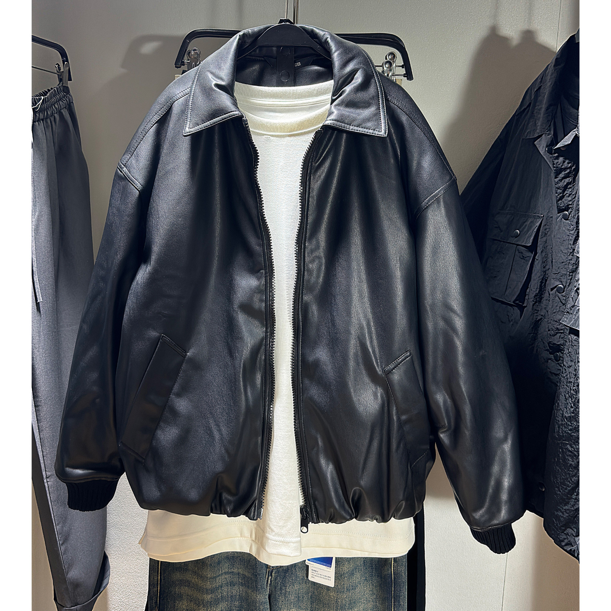 仿皮秋冬宽松棉服翻领皮衣外套