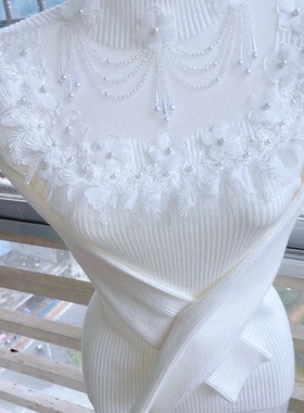 公主家2233白色打底秋镂空长袖毛衣钉珠针织新款蕾丝修身加厚