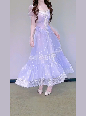 公主家8629法式方领泡泡袖粉色碎花连衣裙女大摆仙女长裙度假裙