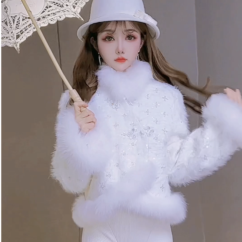 公主家6606韩版冬装气质贵气毛领羊毛拉丝亮片羽绒服时尚百搭外套
