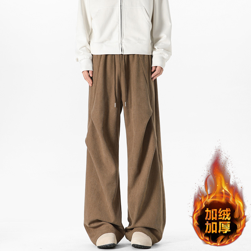 加绒加厚灯芯绒男裤秋冬保暖裤子褶皱小众垂感宽松直筒卫裤休闲裤