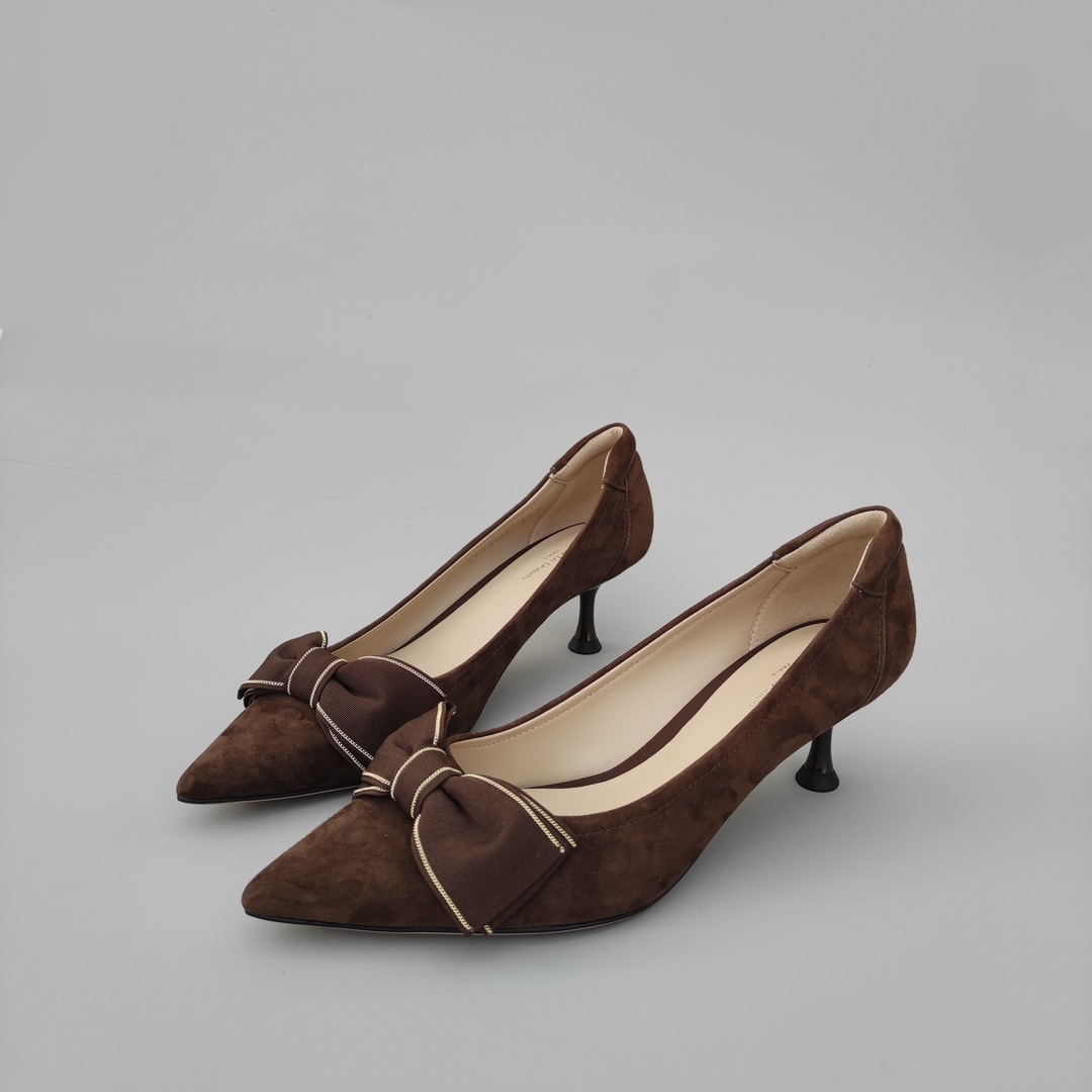 FEDERICA DI DONATO 新款尖头浅口蝴蝶结真皮高跟鞋细跟羊绒单鞋