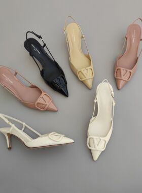 Federica 巨好看 V扣气质尖头浅口后空凉鞋女 真皮包头细跟高跟鞋