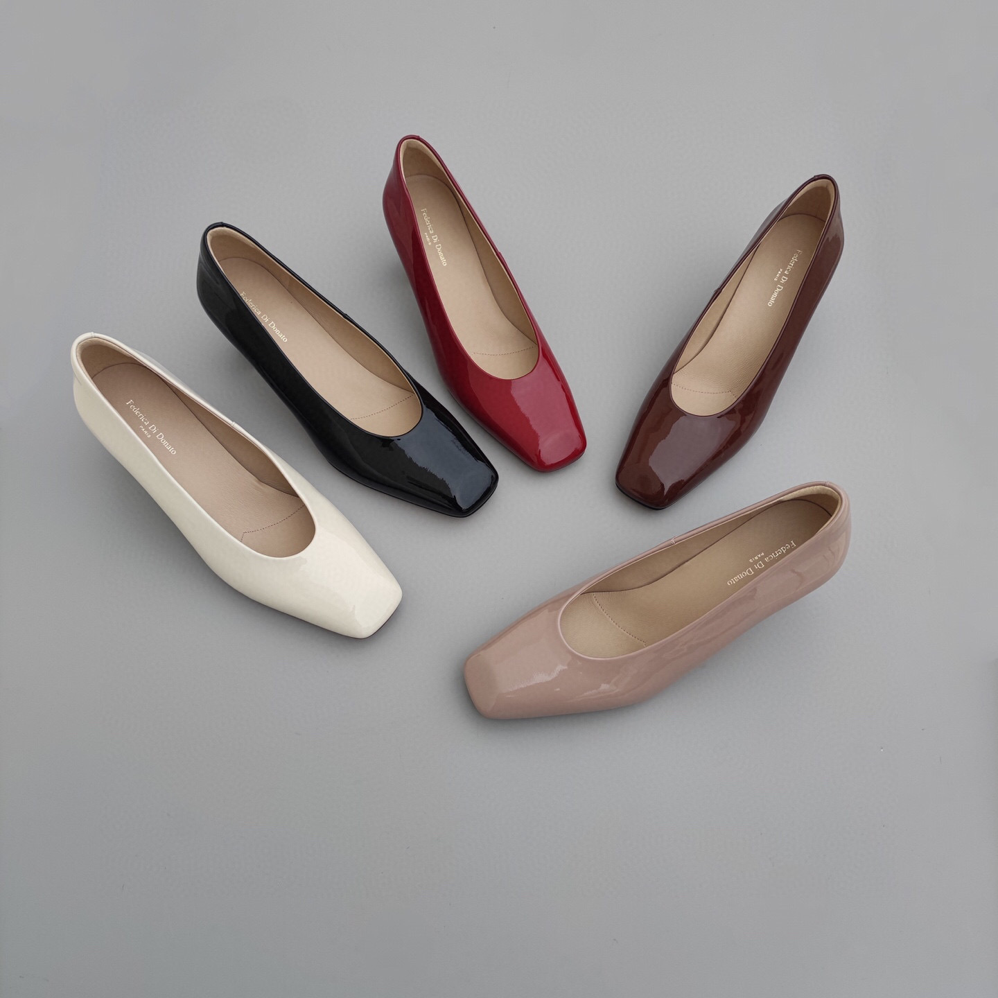 FEDERICA DI DONATO 25新款方头浅口漆皮单鞋粗跟 真皮高跟单鞋女