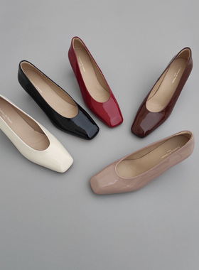 FEDERICA DI DONATO 25新款方头浅口漆皮单鞋粗跟 真皮高跟单鞋女