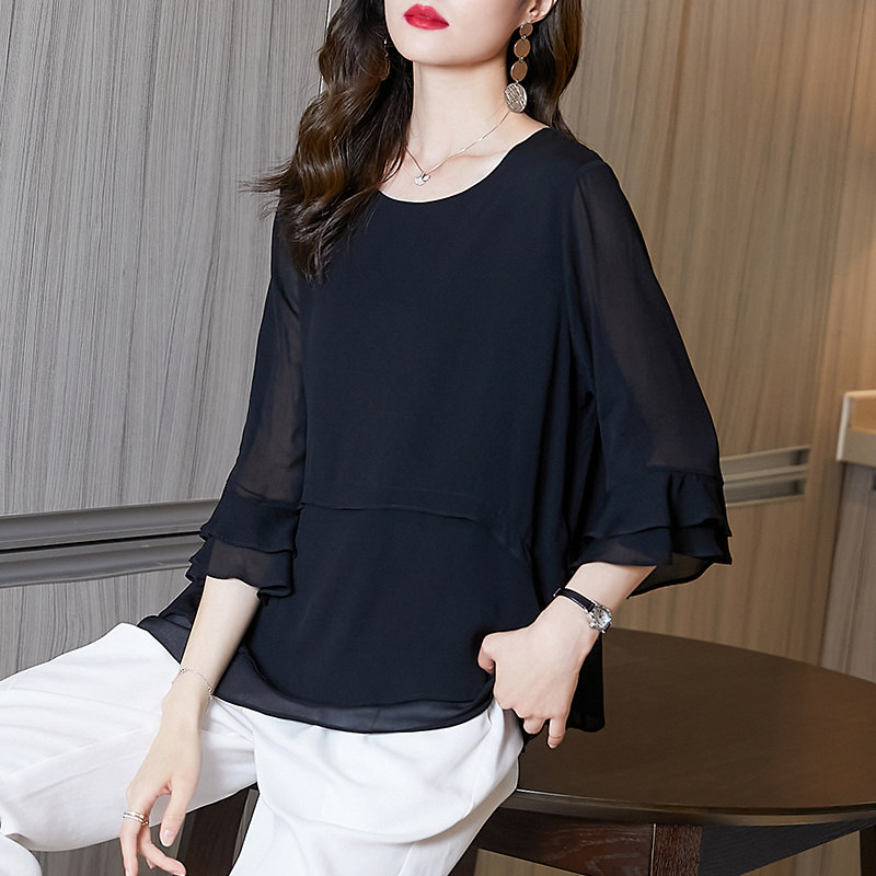轻奢高级感黑色雪纺衫女2023夏新款宽松遮肉减龄打底衫中老年小衫