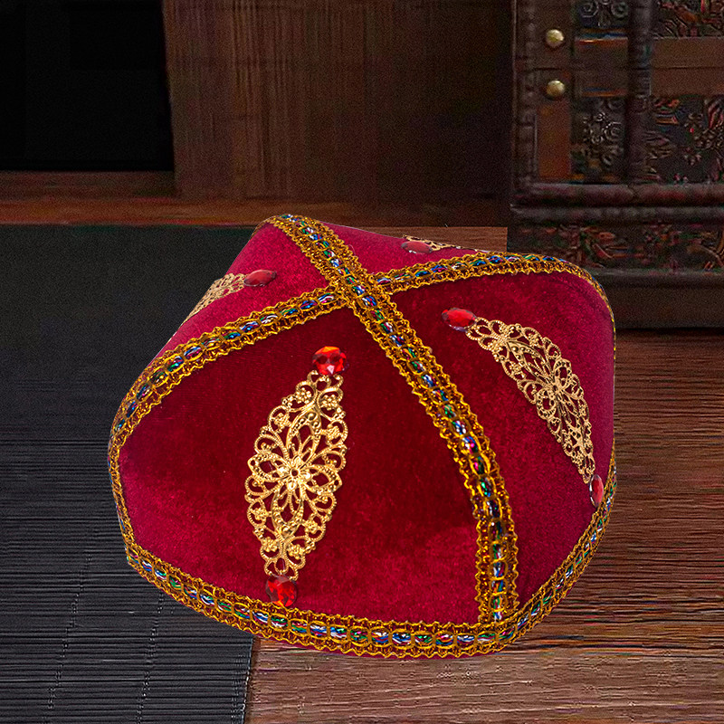 新疆维吾尔族帽子舞蹈四角花帽舞台演出辫子帽民族风头饰成人女帽