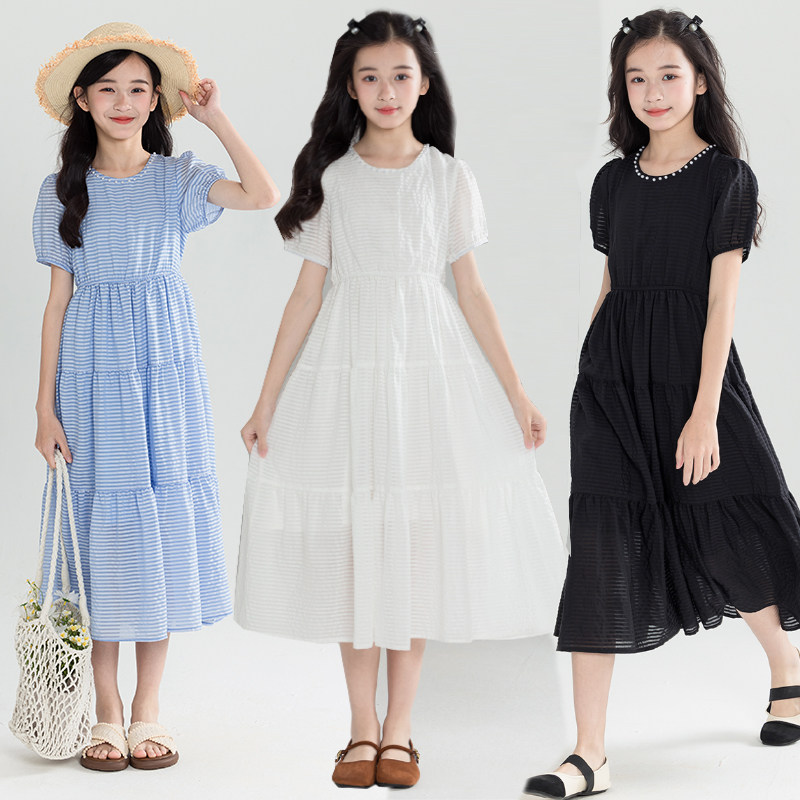 女童连衣裙夏季2026新款洋气中大童收腰气质泡泡袖公主裙中长裙子
