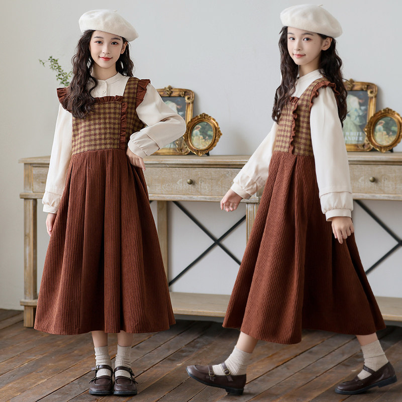 中大女童假两件长袖连衣裙2025新款时髦公主裙女孩格子秋冬装裙子