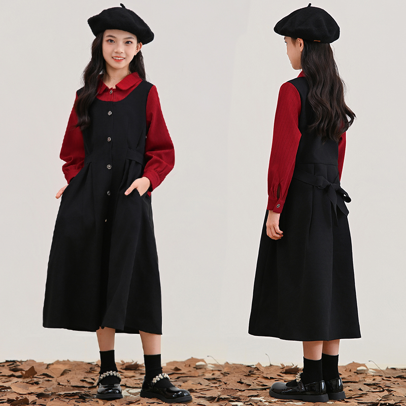 中大女童假两件长袖连衣裙秋冬装