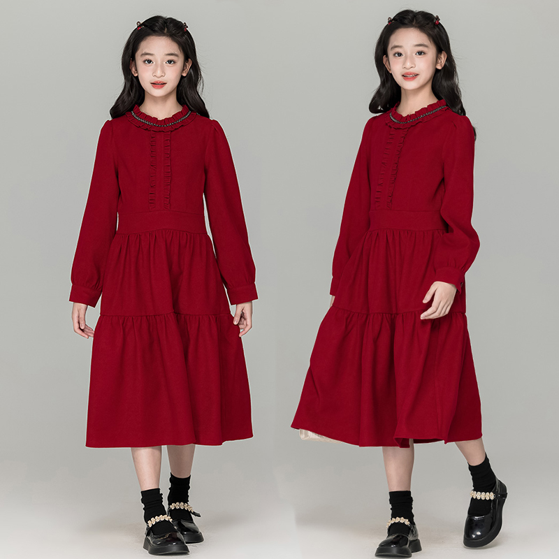 女童连衣裙秋冬装2025新款红色公主裙洋气中大童甜美裙子加绒亲子