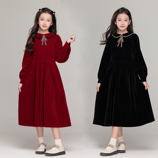 中大女童红色连衣裙子2025新款洋气长袖加绒学院风女孩中长款秋冬