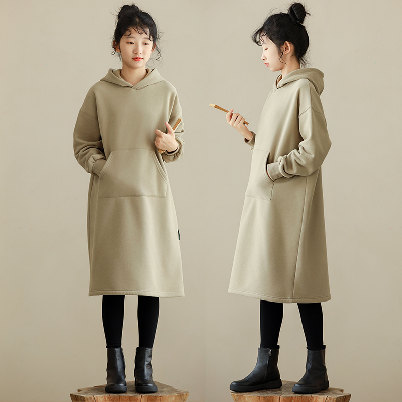 女童连衣裙秋冬新款洋气中大童长袖过膝长裙休闲宽松加绒卫衣裙子