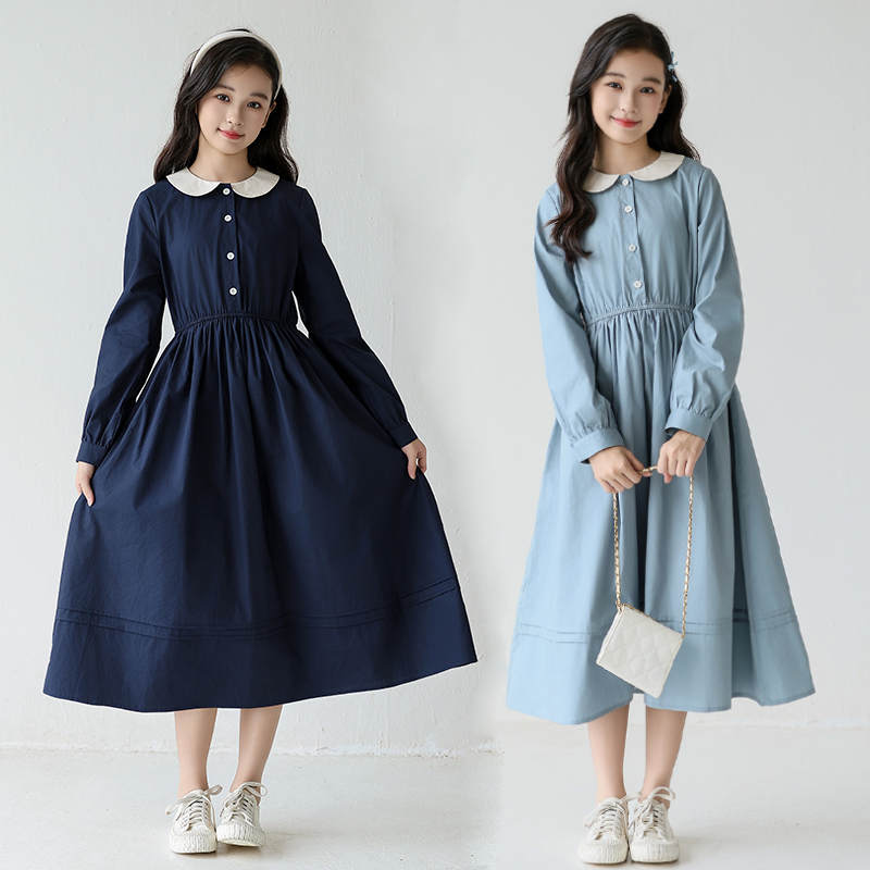 中大女童连衣裙2025新款韩版宽松娃娃领长袖裙子女孩洋气秋装裙子