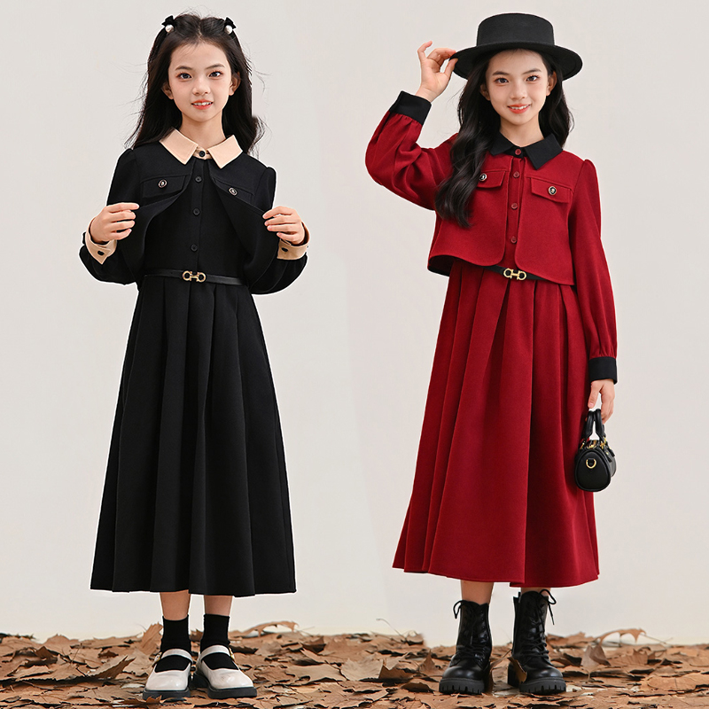 中大女童连衣裙2025新款洋气小香风公主裙法式红色裙子加绒秋冬装