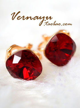 施家红色水晶无耳洞耳夹女奢华气质别致耳钉时尚高档礼物高档耳环