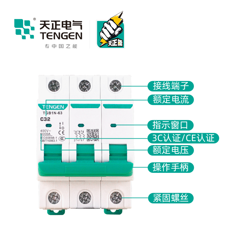 TENGEN天正TGB1N-63空气开关DZ47小型断路器1P2P3P32A电闸63A家用