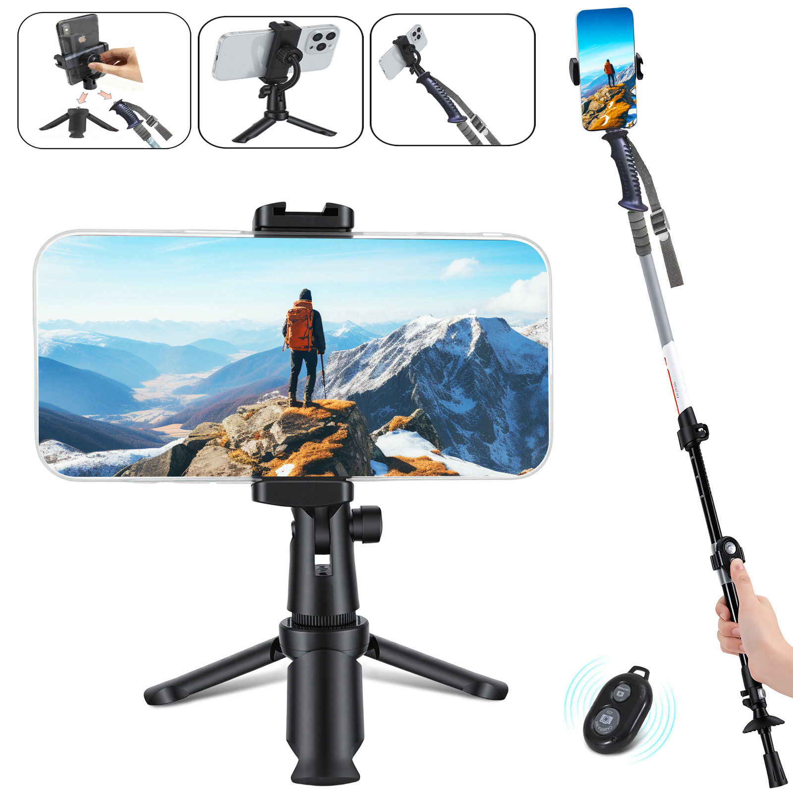 便携三脚架手机支架登山杖自拍杆二合一蓝牙遥控拍照神器桌面户外