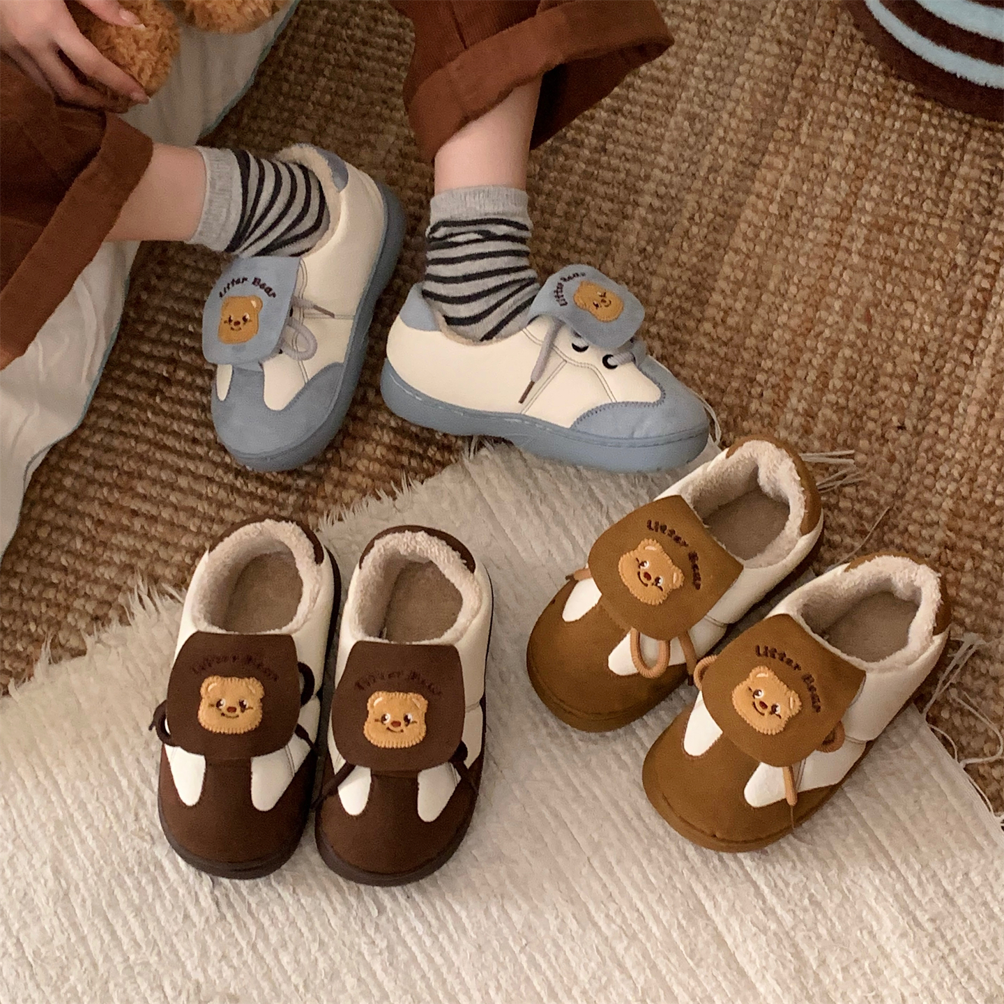 百搭可爱小熊板鞋保暖加绒防滑冬