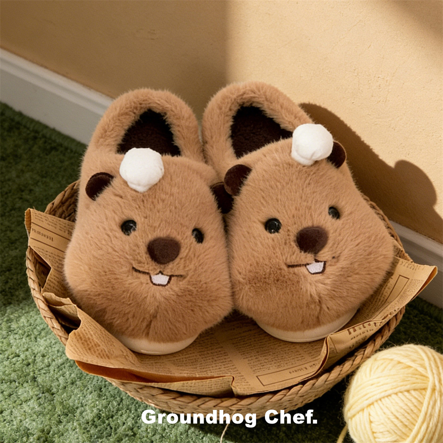 厨师帽土拨鼠棉拖鞋男女ins可爱