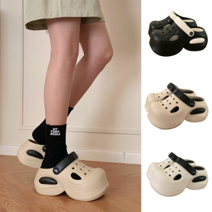 8cm外穿凉拖鞋 夏季 女拼色时尚 沙滩海边防滑增高厚底街头风洞洞鞋