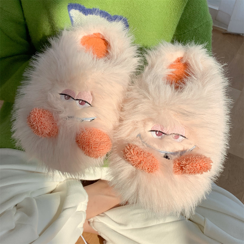 情侣一字毛绒绒棉拖鞋女秋XQC休闲冬居卧室防滑保暖怪个性搞家月