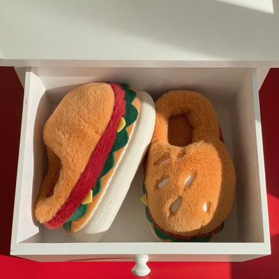 一家三口薯条汉堡保暖棉拖鞋冬