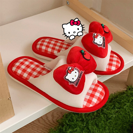 三丽鸥网红可爱HelloKitty棉麻拖鞋女春秋季休闲防滑居家亚麻拖鞋