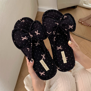 女 通用网红蝴蝶结亚麻拖鞋 韩系仙女风舒适居家吸汗棉麻地板鞋 四季