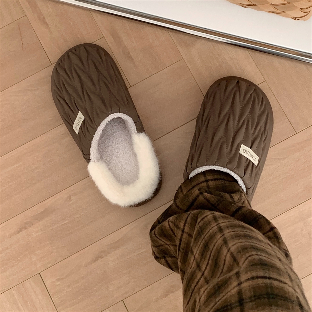 舒适柔绒网红时尚个性褶皱棉拖鞋