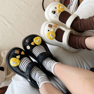 女士 度假户外卡通包头凉鞋 趣味奶酪防滑增高厚底玛丽珍半拖鞋 夏季