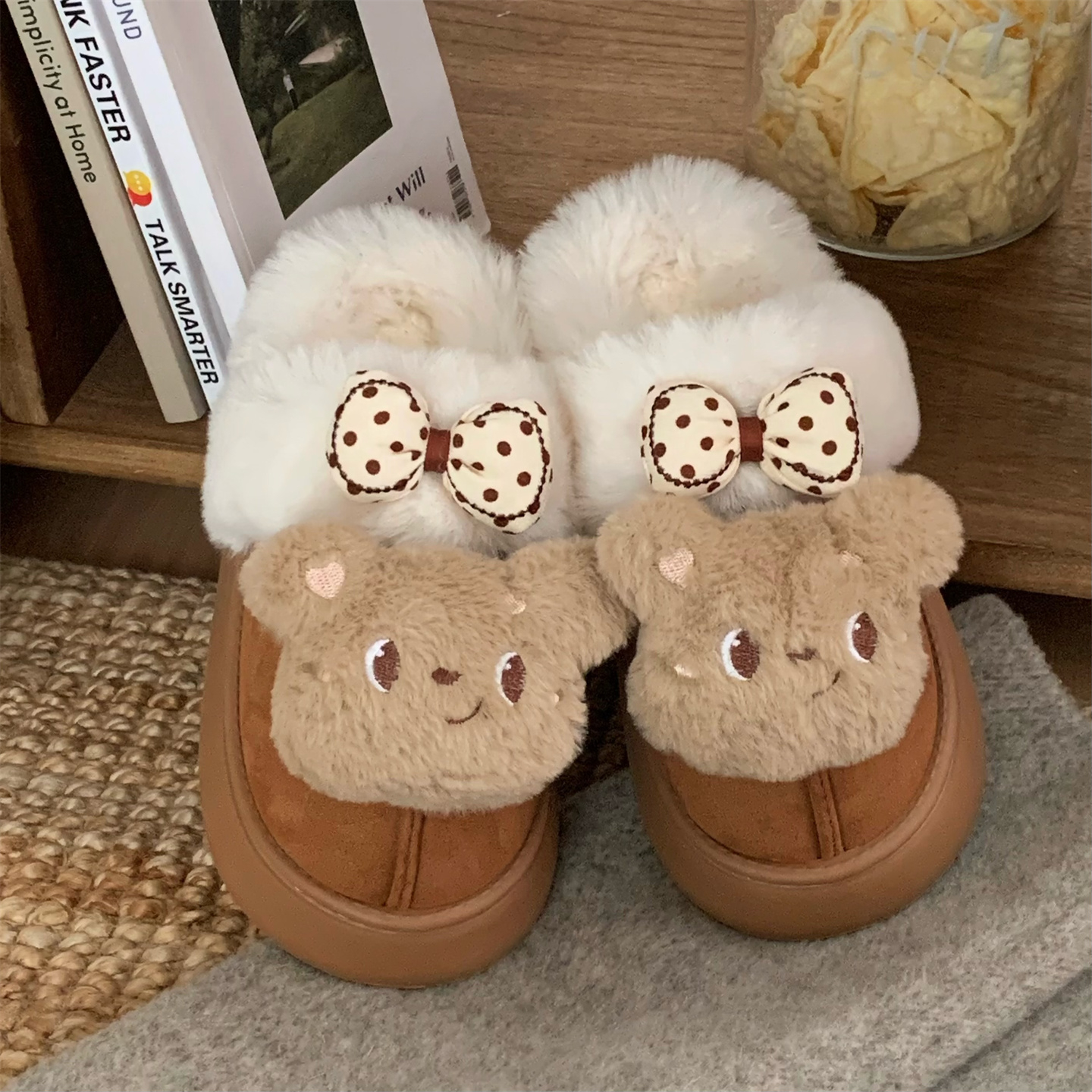 少女心厚底毛绒月子鞋软萌小熊