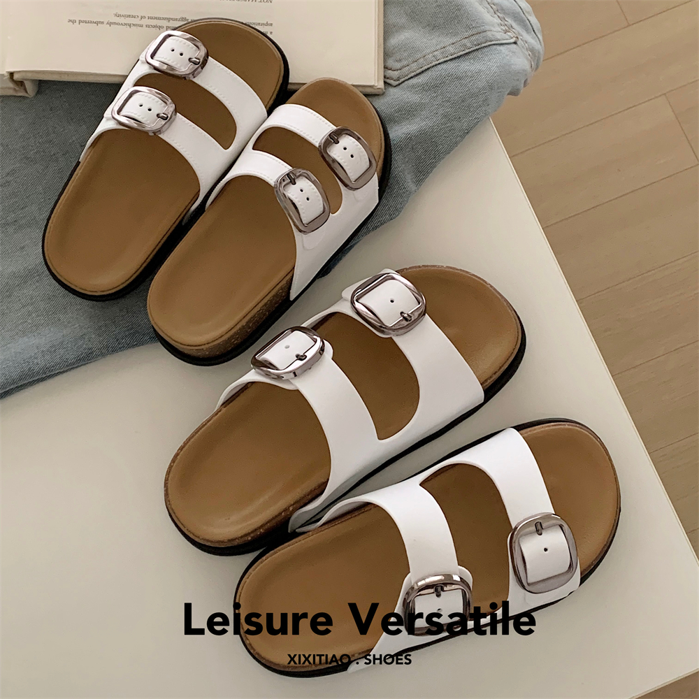 夏季创意方扣复古拼色双带凉拖鞋