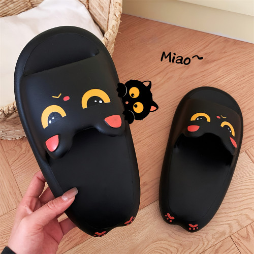 呆萌生气小黑猫夏季情侣可爱凉拖