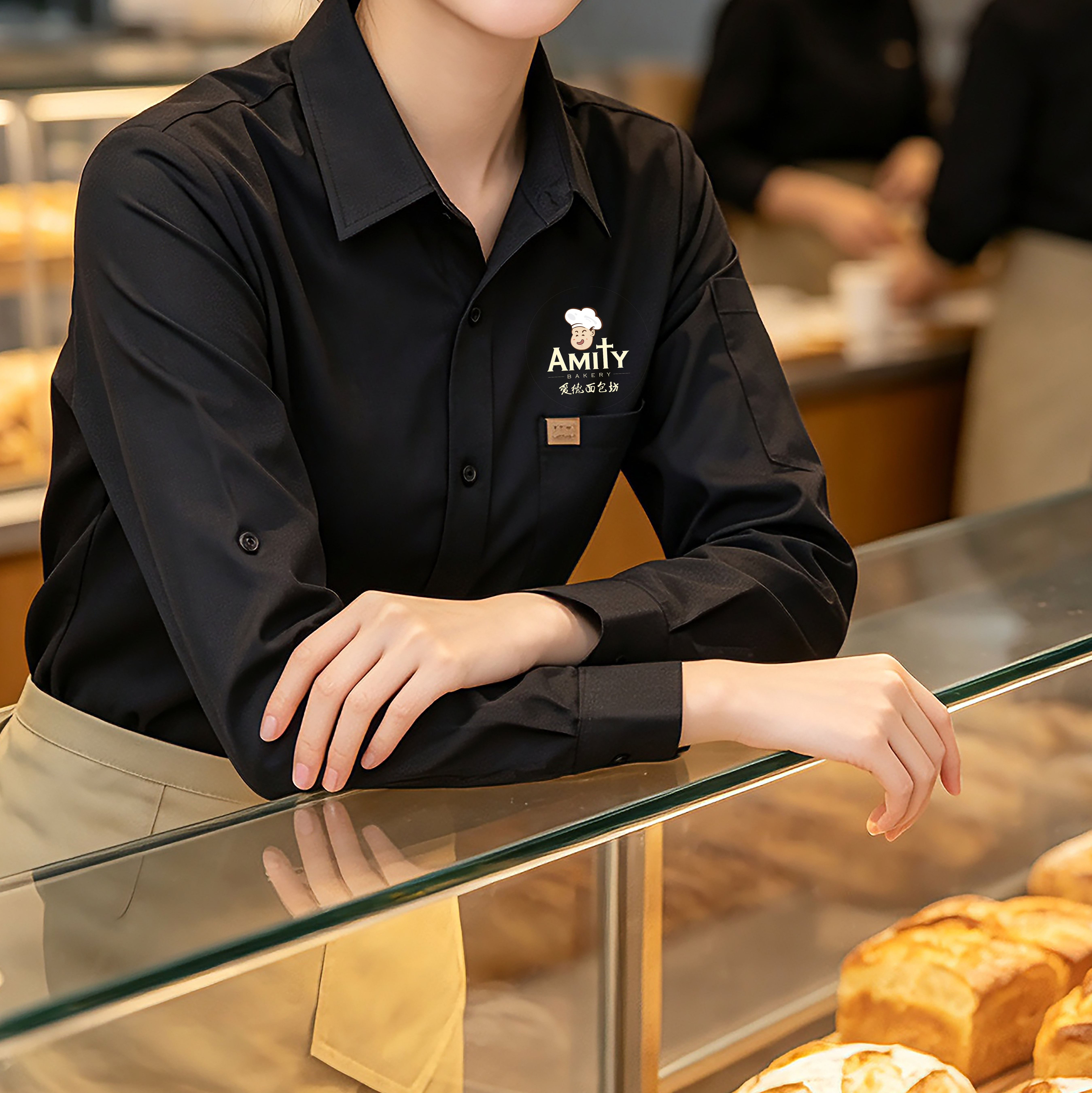 黑色衬衫秋冬服务员餐饮咖啡面包店西餐厅工作服定制印logo七分袖图片
