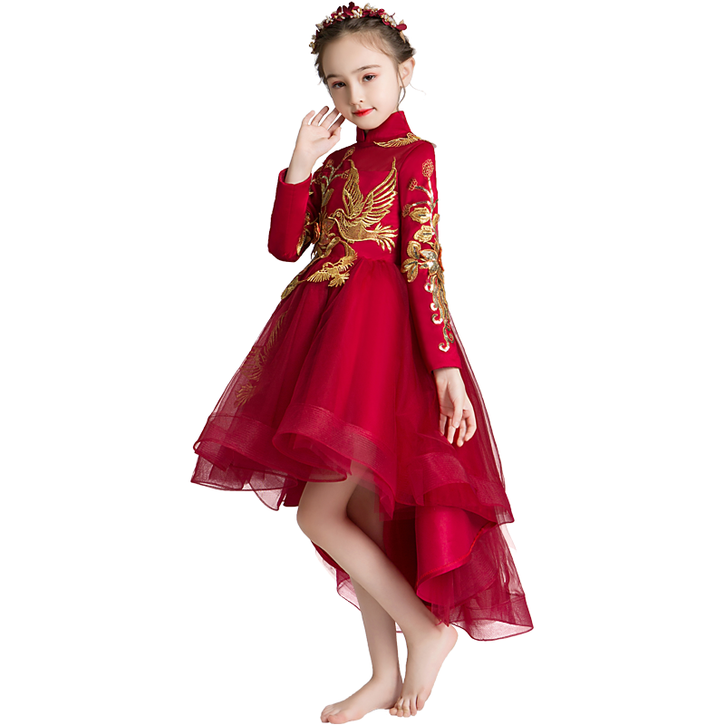 儿童晚礼服中国风中式国潮女童婚纱花童敬酒小孩拜年长袖高端秋冬